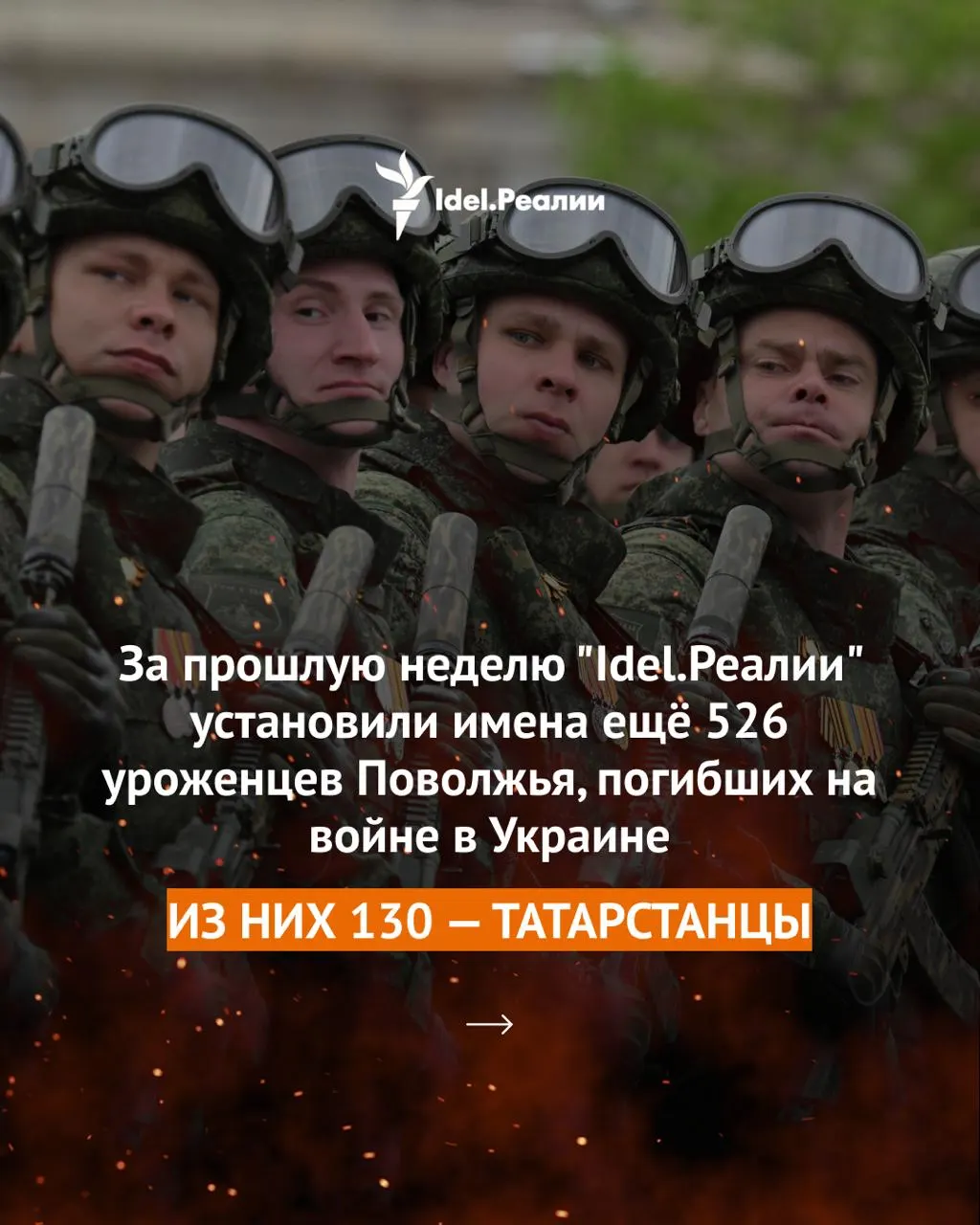 За прошлую неделю выявили имена 526 уроженцев Поволжья, погибших в войне в Украине. По состоянию на 18 мая в регионах Приволжского федерального округа (включая Астраханскую область) погибло не менее 55 000 человек.