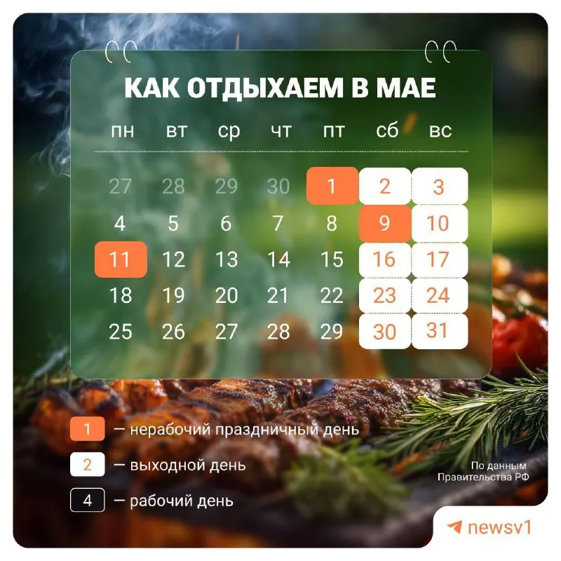 С 9 по 11 мая включительно объявлены официальные нерабочие дни, посвящённые празднованию Дня Победы.