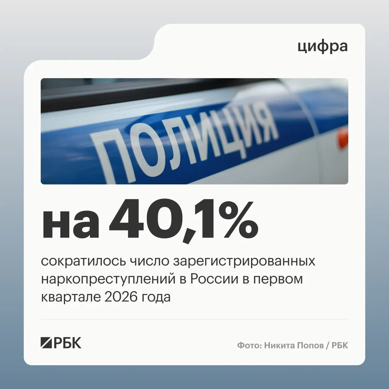 По данным аппарата Совета безопасности России, в I квартале доля зарегистрированных наркопреступлений упала с 12,8% до 9,2%, число таких преступлений сократилось на 40,1%. Снижение объясняют изменением правоприменительной практики; при этом возросло число дел за сбыт наркотиков.