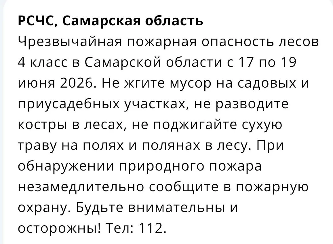 С 17 по 19 июня в Самарской области действует повышенная — 4‑я — степень опасности возникновения лесных пожаров. Рекомендуется соблюдать правила пожарной безопасности.