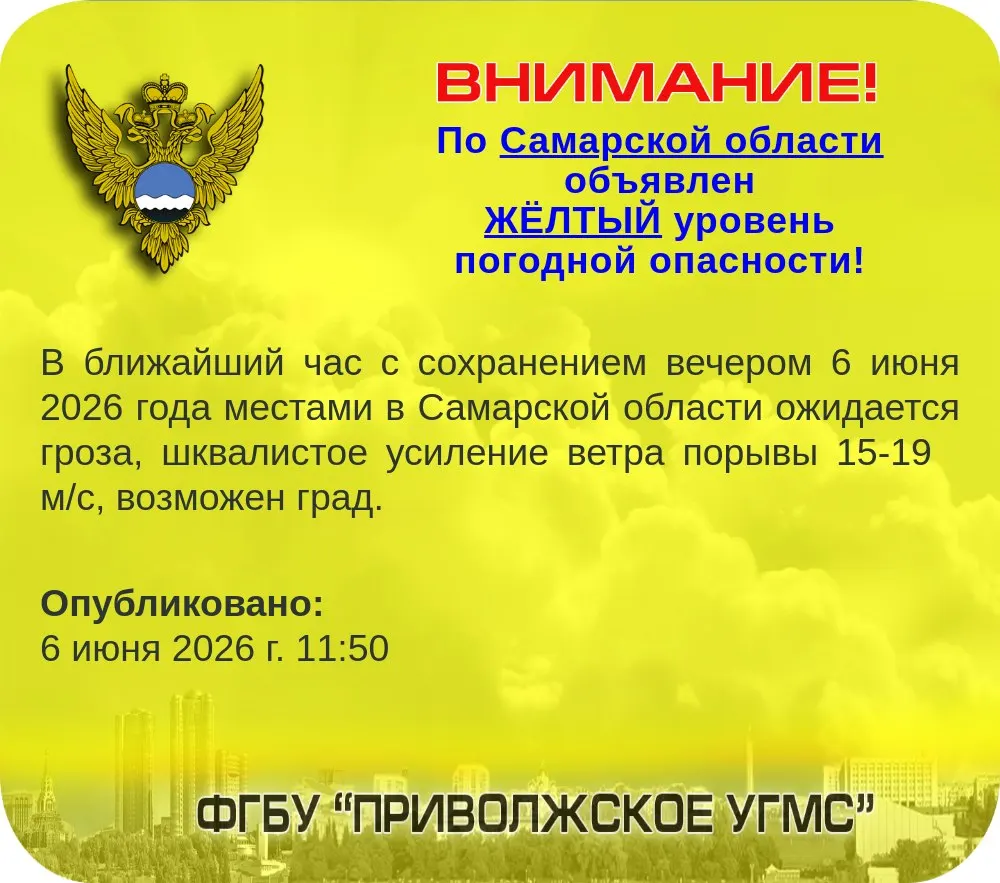 В ближайший час в регионе ухудшится погода: прогнозируются гроза, шквалистое усиление ветра и возможный град. Объявлен жёлтый уровень опасности.
