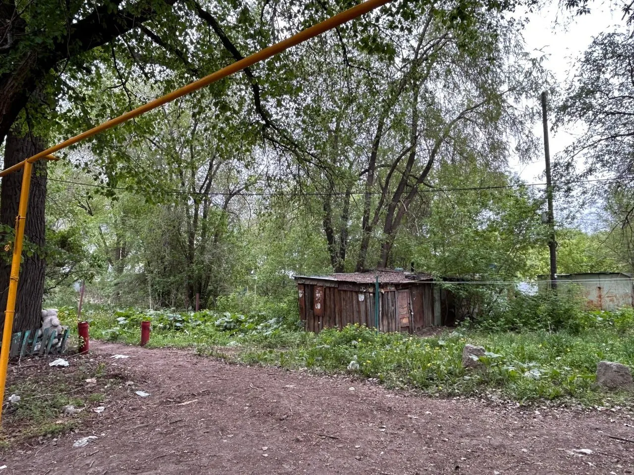 Жильцы дома №19 на ул. Земца жалуются на падающие с крыши обломки, наполовину расселённое здание и отсутствие горячей воды в квартирах пенсионеров; территория вокруг заросла и местами горит.