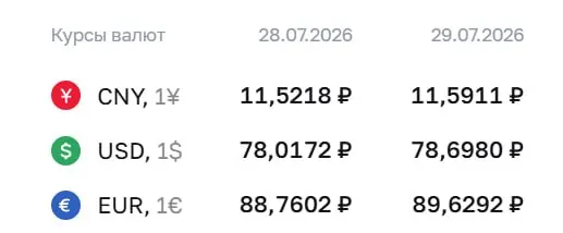 Официальный курс Центробанка на 29 июля: доллар — 78,7 ₽ (рост 0,68 ₽), евро — 89,63 ₽, юань — 11,59 ₽. Для доллара это максимум с 8 апреля.