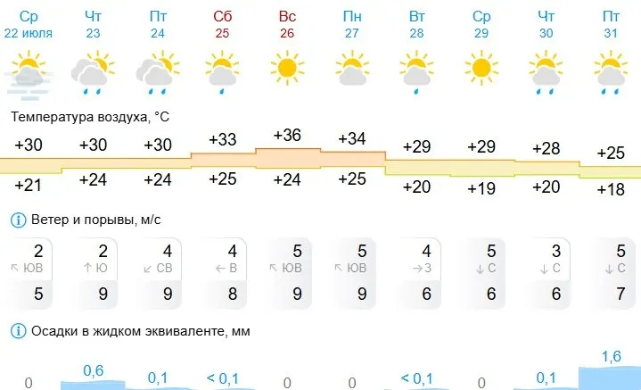 Прогнозы расходятся: одни указывают на повышение до +37°C, другие — до +36°C. Ожидается, что сильная жара продлится до конца следующей недели, затем пройдут дожди и температура начнёт снижаться; в конце июля термометры будут примерно на 4°C выше нормы.